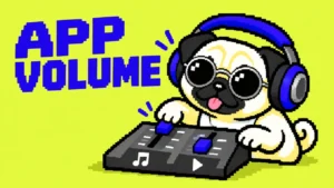 APP VOLUME。丸型銀縁サングラスとヘッドホンのパグが、左右2本の短い前足で小さなミキサーを操作するドット絵。