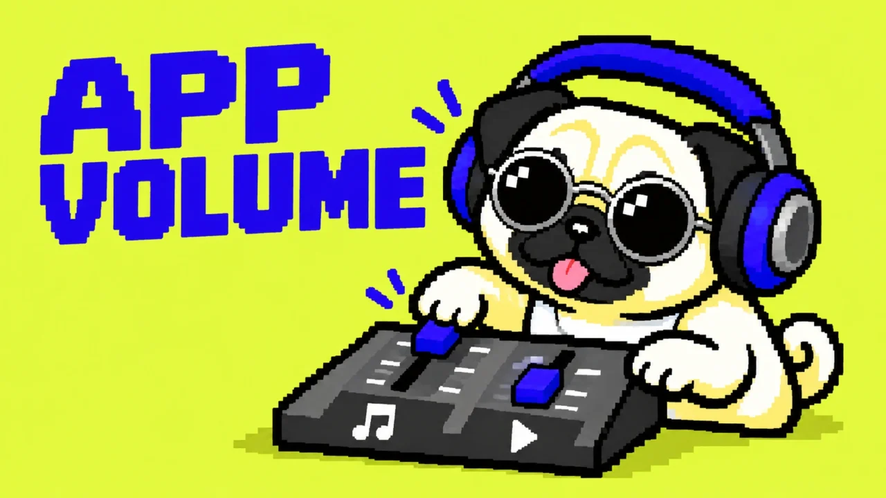 APP VOLUME。丸型銀縁サングラスとヘッドホンのパグが、左右2本の短い前足で小さなミキサーを操作するドット絵。
