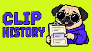 丸型銀縁サングラスのパグが履歴カードを選ぶ説明用イラスト。CLIP HISTORY。