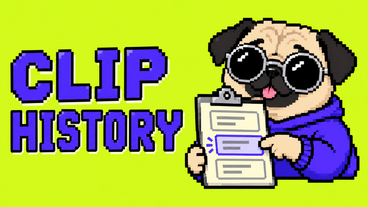 丸型銀縁サングラスのパグが履歴カードを選ぶ説明用イラスト。CLIP HISTORY。