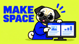 丸型銀縁サングラスのパグと、資料・文書を並べた画面。MAKE SPACE。