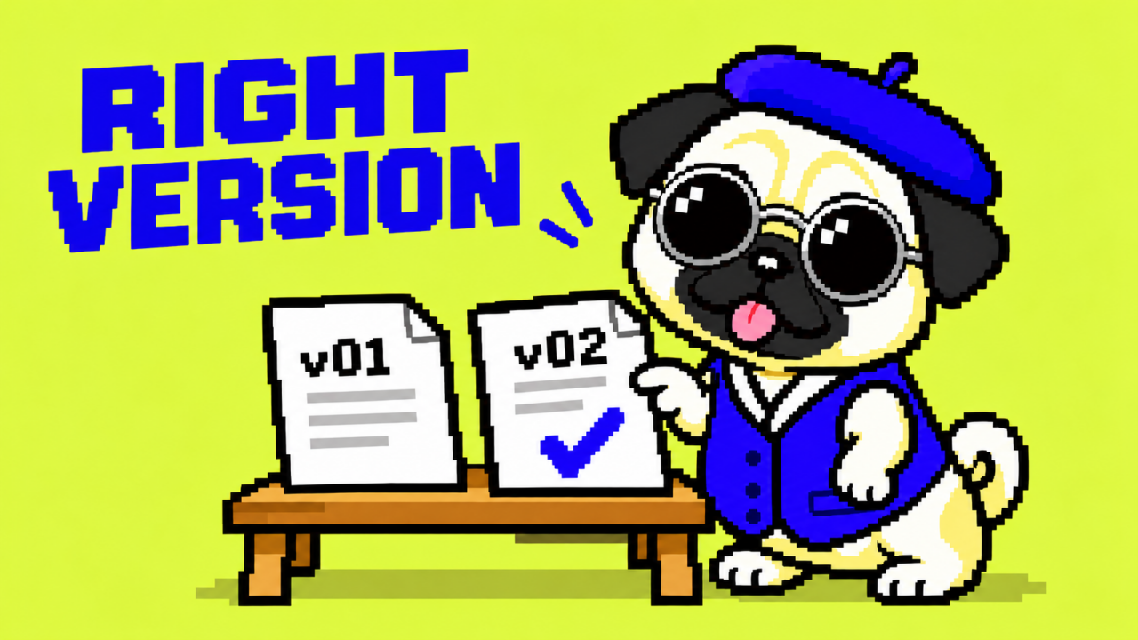 RIGHT VERSION。丸型銀縁サングラスのパグが短い前足でv02の資料を案内するドット絵。