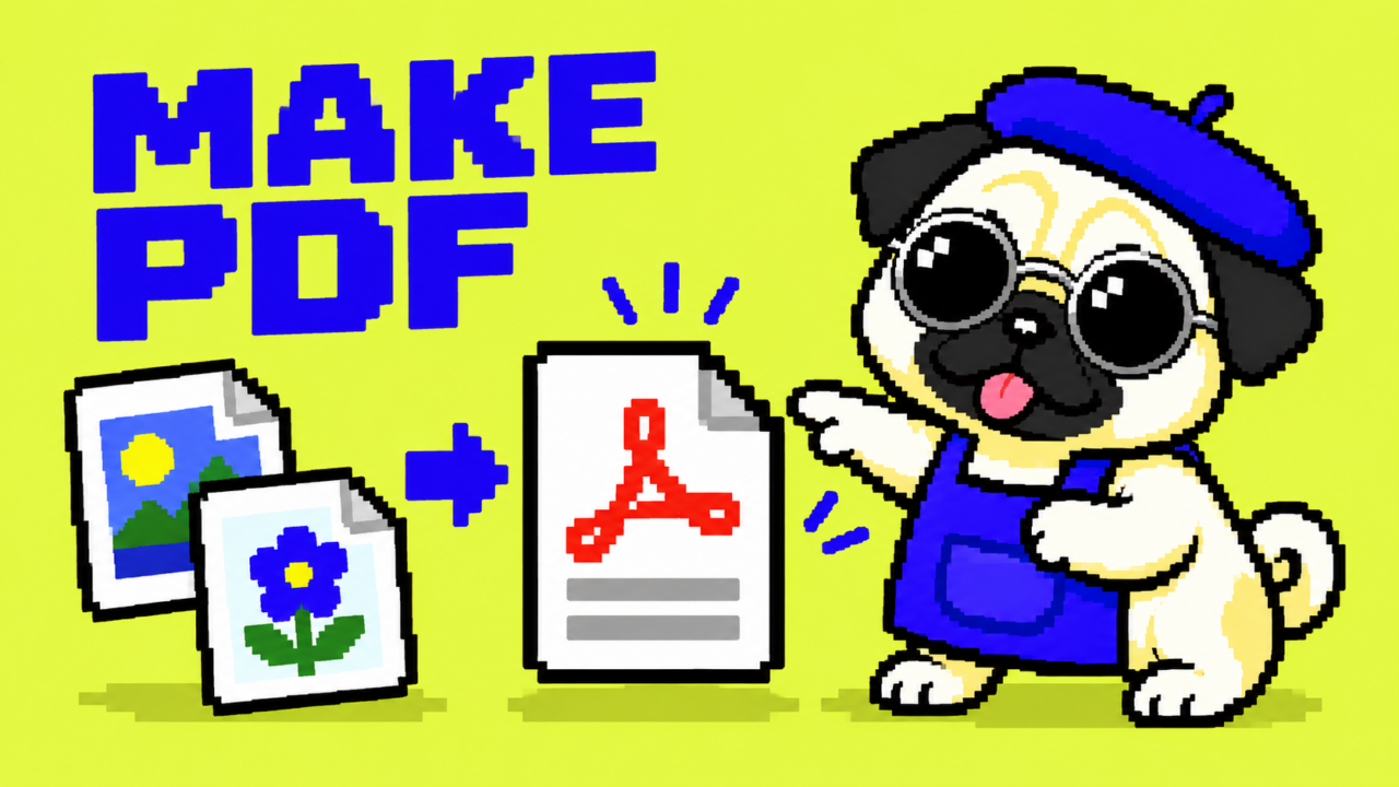 MAKE PDF。丸型銀縁サングラスのパグと、2枚の画像を1つのPDFにまとめるドット絵。