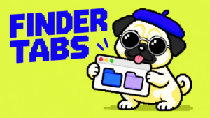 FINDER TABS。丸型銀縁サングラスのパグが短い前足2本で2タブのフォルダ画面を持つドット絵。