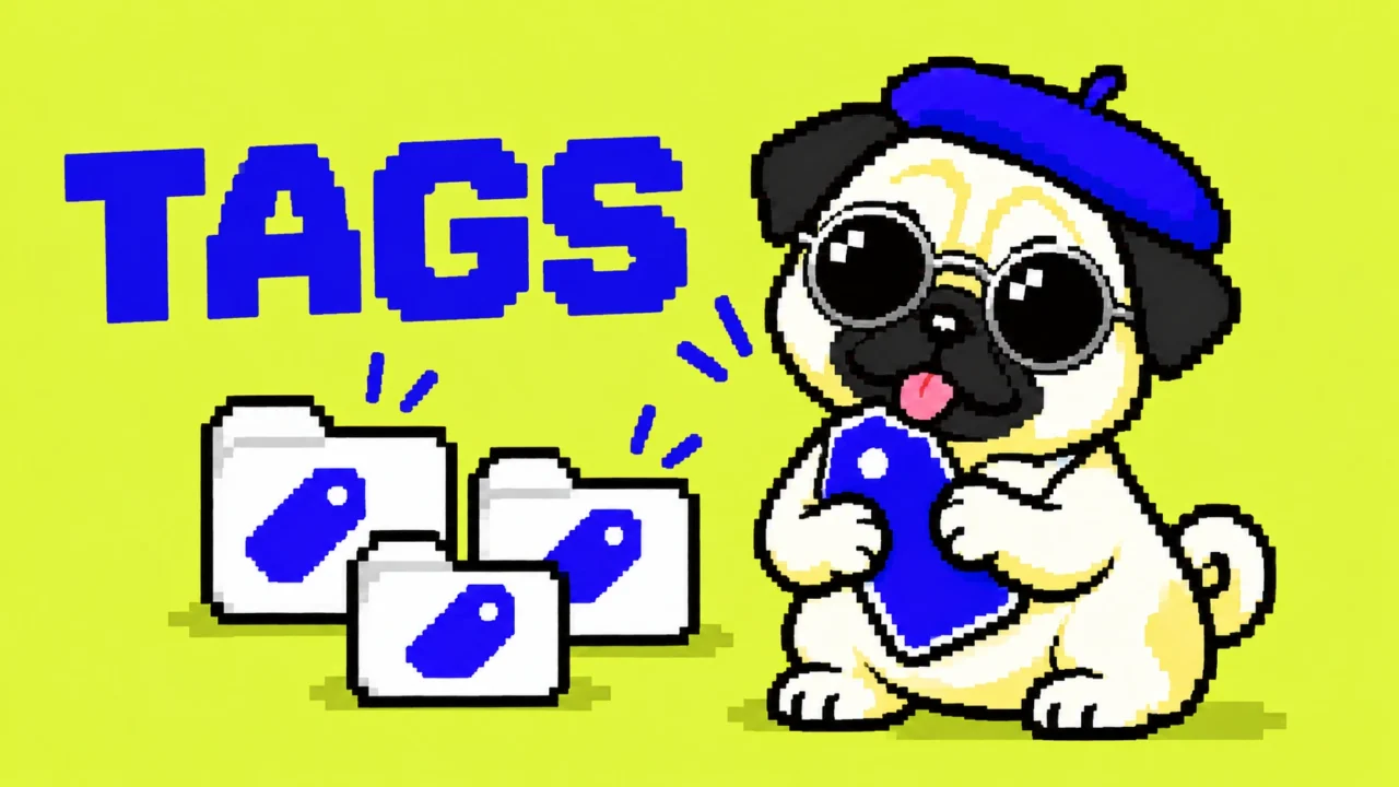 TAGS。丸型銀縁サングラスのパグが、2本の短い前足でタグを持つドット絵。