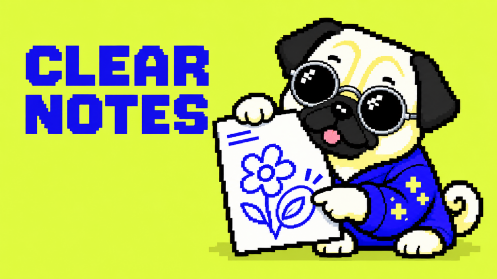 丸い銀縁サングラスのパグが、イラストのメモの修正箇所を指している。CLEAR NOTES。