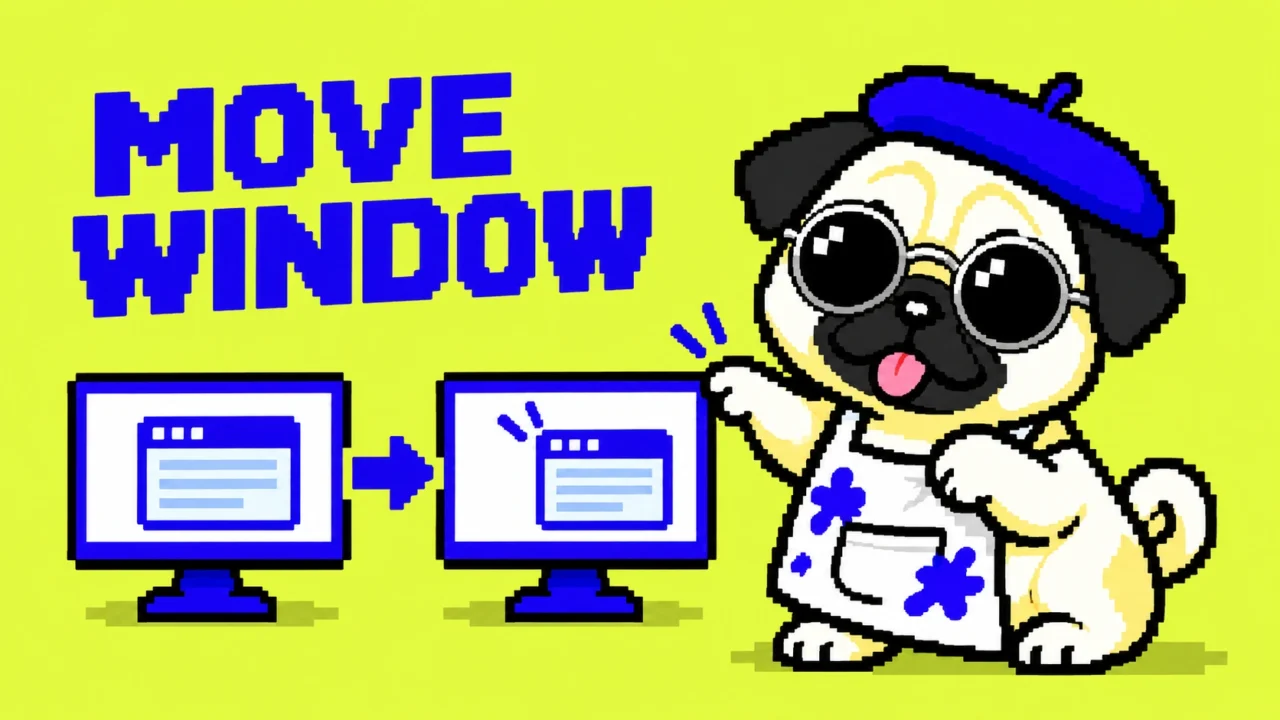 MOVE WINDOW。丸型銀縁サングラスのパグと、ウィンドウ移動を示す2台のモニターのドット絵。