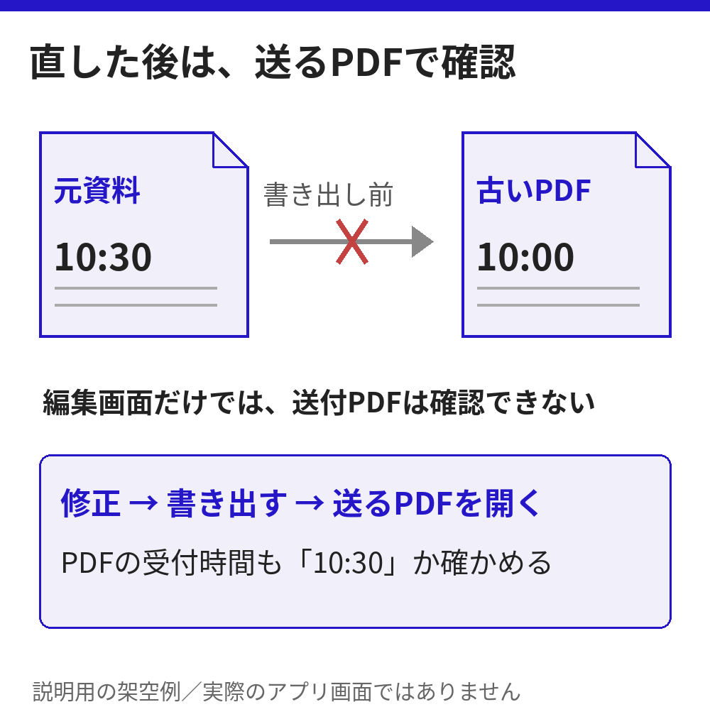 説明用の架空例。元資料で受付時間を10時30分へ直しても、古いPDFは10時のまま。修正後に書き出し、実際に送るPDFを開いて10時30分になっているか確認する。実画面ではありません。