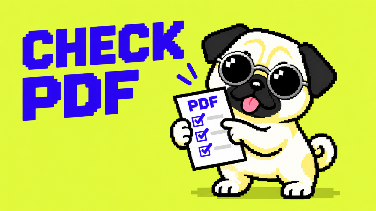 CHECK PDF。丸型銀縁サングラスの白いパグが短い前足2本でPDFを確認するドット絵。
