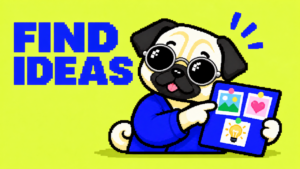 丸型銀縁サングラスのパグが参考画像を集めたボードを指す。FIND IDEAS。前足は2本。