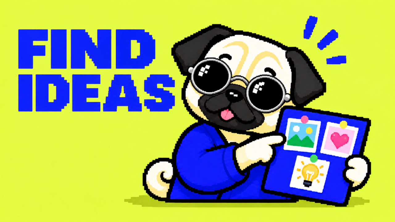 丸型銀縁サングラスのパグが参考画像を集めたボードを指す。FIND IDEAS。前足は2本。