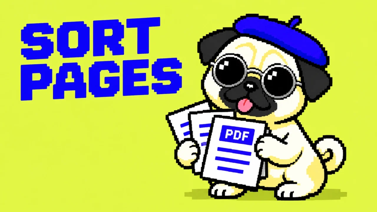 SORT PAGES。丸型銀縁サングラスのパグが、2本の短い前足でPDFの紙を整理するドット絵。