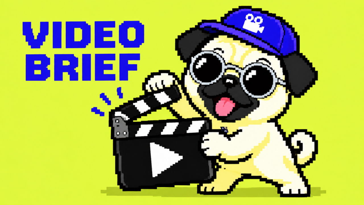 短い告知動画を頼むときに伝えておきたいこと。丸型シルバー縁のサングラス付きパグと記事テーマのピクセルアート。