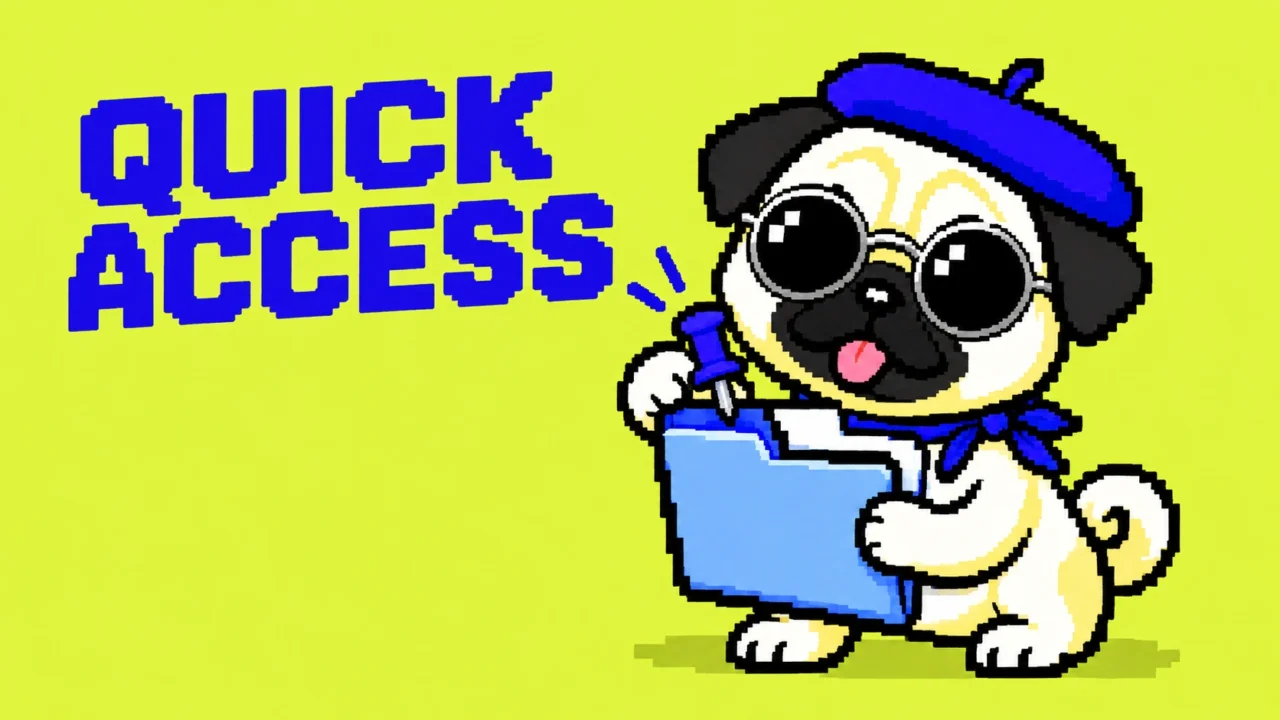 QUICK ACCESS。丸型銀縁サングラスのパグが、2本の短い前足で青いフォルダーとピンを持つドット絵。