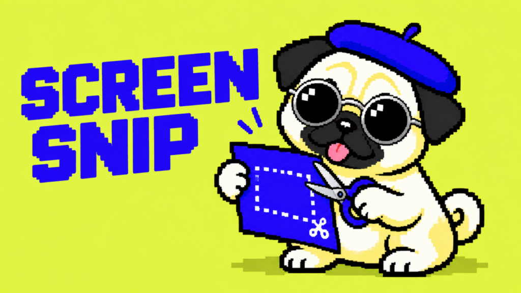 SCREEN SNIP。丸型銀縁サングラスのパグが必要部分を選ぶドット絵。
