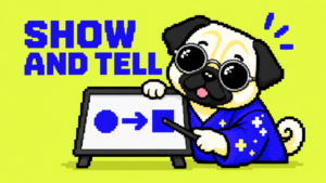 丸型銀縁サングラスのパグが、絵と言葉で説明するボードを指す。SHOW AND TELL。